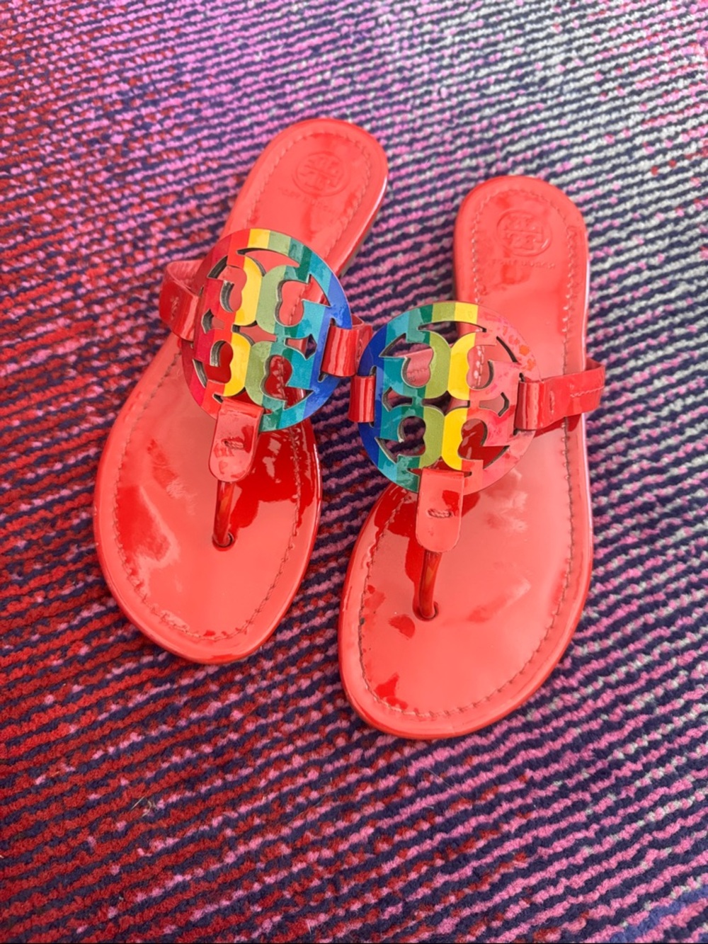 Tory Burch Red Patent Sandals with Multicolor Logo